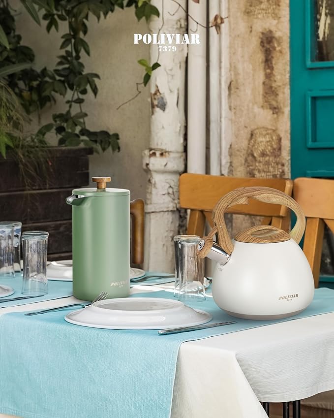 POLIVIAR Tea Kettle, 2.7 Quart White Finish with Wood Pattern Handle Loud Whistle Food Grade Stainless Steel Teapot, Anti-Hot Handle and Anti-Rust, Suitable for All Heat Sources JX2025-BW30