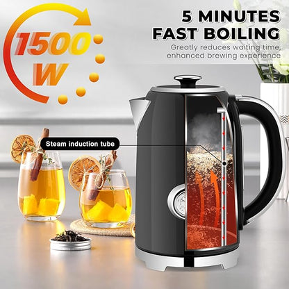 SUSTEAS Electric Kettle Temperature Control - 57oz Hot Water Boiler with Thermometer, 1500W Fast Heating Stainless Steel Tea Kettles, Cordless LED Indicator, Auto Shut-Off & Boil Dry Protection,Black