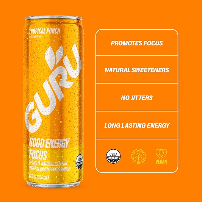 GURU Tropical Punch Organic Energy Drinks, Clean Energy Drink with Plant Based Natural Caffeine from Green Tea + Focus with L Theanine, Gluten Free, 140MG Caffeine, Healthy Drinks, 12oz (Pack of 12)