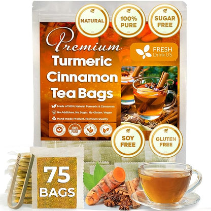 FreshDrinkUS, Premium 75 Turmeric Cinnamon Tea Bags, 100% Natural, Blend of Turmeric, and Cinnamon. Made with Natural Material Tea Bags. No Sugar. No Caffeine. Vegan.