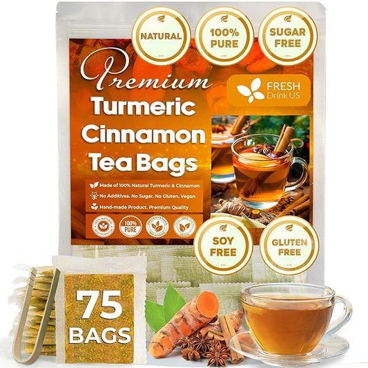 FreshDrinkUS, Premium 75 Turmeric Cinnamon Tea Bags, 100% Natural, Blend of Turmeric, and Cinnamon. Made with Natural Material Tea Bags. No Sugar. No Caffeine. Vegan.