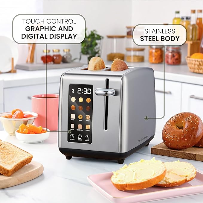 Elite Gourmet ECT2899 LCD Touch Toaster, 2 Extra-Wide Slots, 6 Toast Shades, 6 Preset Menus Including Bagel Waffle Gluten-Free, Defrost Reheat Cancel Functions, Stainless Steel