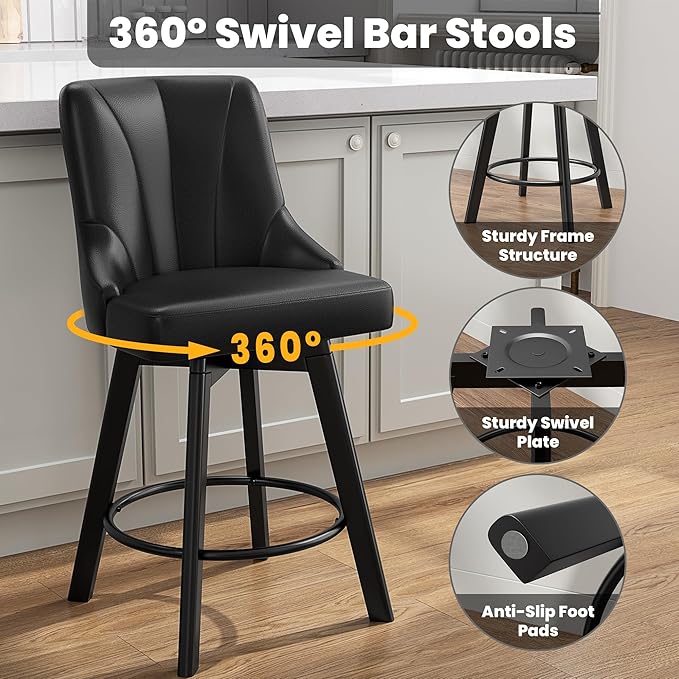 Swivel Bar Stools with Backs, 24" Counter Height Barstools Set of 8, Fabric Upholstered Counter Bar Stools with Solid Wood Legs for Kitchen Island, Home Bar, Black