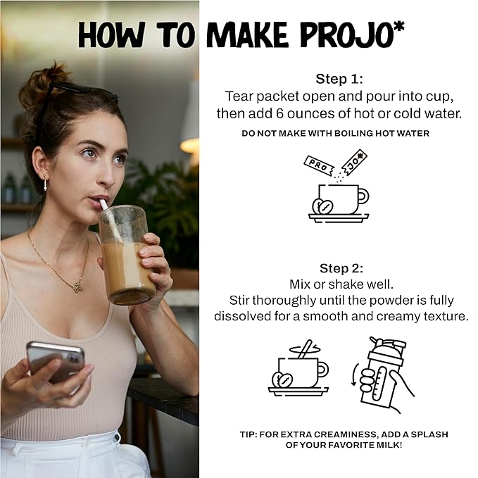 Projo* Power Coffee – Instant Coffee with 10g Protein - Grass-Fed Hydrolyzed Bovine Collagen & 225mg Caffeine – Organic, Unsweetened, Medium Roast – Bold Black – 12 Single-Serve Packets