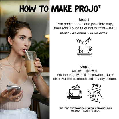 Projo* Power Coffee – Instant Coffee with 10g Protein - Grass-Fed Hydrolyzed Bovine Collagen & 225mg Caffeine – Organic, Unsweetened, Medium Roast – Bold Black – 12 Single-Serve Packets