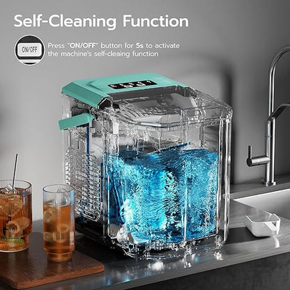 ZAFRO Countertop Ice Maker, 26.5Lbs/24H, 9 Bullet Cubes in 6 Mins, Self-Cleaning Portable Ice Machine with 2 Ice Sizes (S/L), Quiet Compact Design, Double Handles, for Home, Party, RV, Camping, Green
