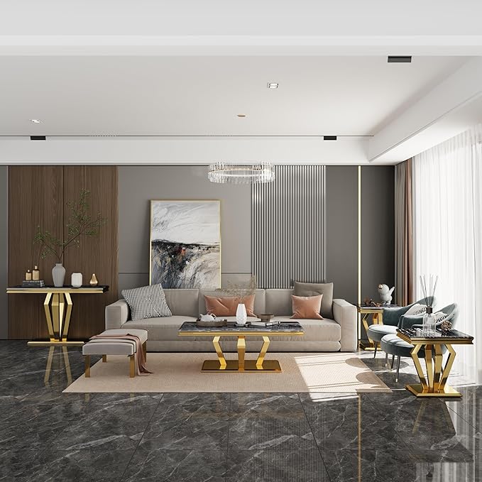 2 Piece Coffee Table Set, Black and Gold Living Room Table Set with 48 inch Coffee Table and 1 Square End Table, Luxury Living Room Coffee Table Set for Home Apartment Office