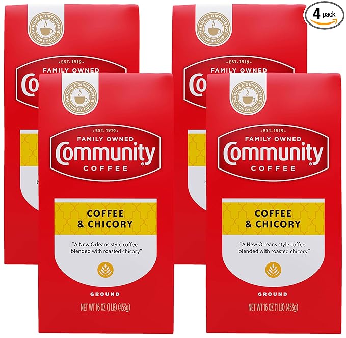 Community Coffee Coffee and Chicory Blend 16 Ounce, Medium Dark Roast Ground Coffee, 16 Ounce Bag (Pack of 4)