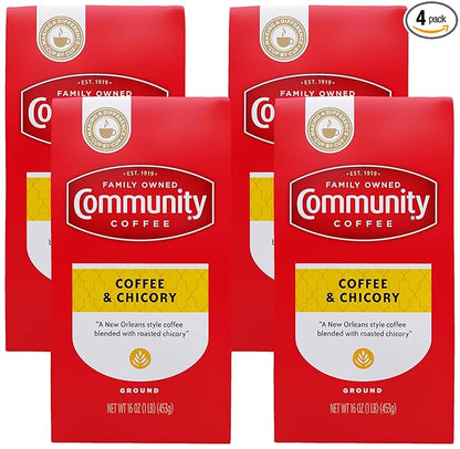 Community Coffee Coffee and Chicory Blend 16 Ounce, Medium Dark Roast Ground Coffee, 16 Ounce Bag (Pack of 4)