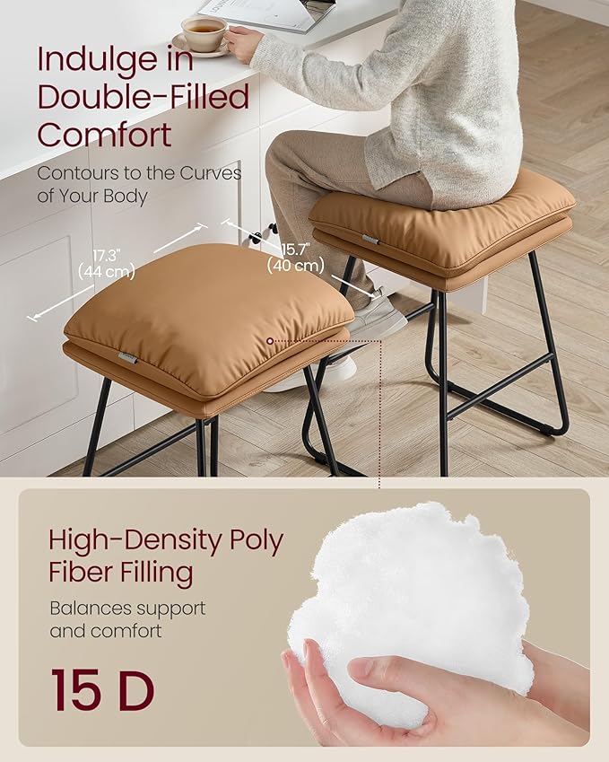 VASAGLE Bar Stools Set of 2, Counter Height Bar Stools, Leather Counter Stools Barstools with Soft Cushion and Metal Sled Legs, 25.6 Inches Bar Height Bar Chairs for Kitchen Island, Caramel Brown