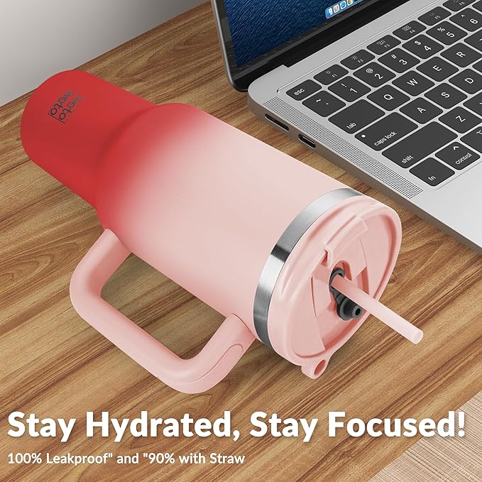 WETOWETO 40oz Tumbler with Handle | Insulated Stainless Steel Travel Mug | 34Hrs Cold & 10Hrs Hot Retention | 100% Leakproof Lid & Straw | Dishwasher Safe + Car Cup Holder Fit (Pink-Red Gradient)