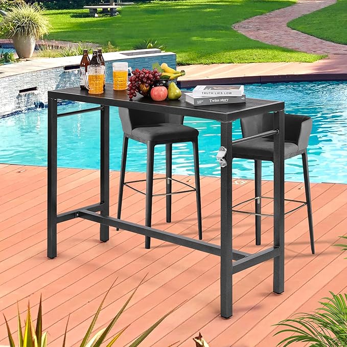 46*39*17 Outdoor Bar Table Extra Wide,Tall Bar Height Outdoor Pub Table, Ideal for Patio, Hot Tub, Dining, Balcony, Poolside, Weatherproof Composite Top, Rustproof, Built In Bottle Opener,Black