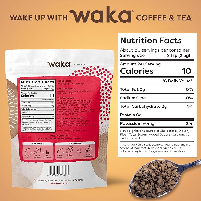Waka Premium Decaf Instant Coffee Pouch — 100% Colombian Arabica Freeze Dried Beans — For Hot or Iced Coffee (8 Ounces, Decaf Medium Roast)