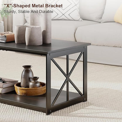 Rectangle Coffee Table for Living Room, Wood Rustic Coffee Table with 2 Tier and Metal Frame, Industrial Modern Center Table, Dark Brown