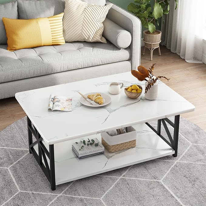 AWQM Faux Marble Coffee Table for Living Room with Round Corners,2 Tier Living Room Table with Storage Shelf,Rectangular Coffee Table Center Table for Small Spaces,White