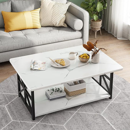 AWQM Faux Marble Coffee Table for Living Room with Round Corners,2 Tier Living Room Table with Storage Shelf,Rectangular Coffee Table Center Table for Small Spaces,White