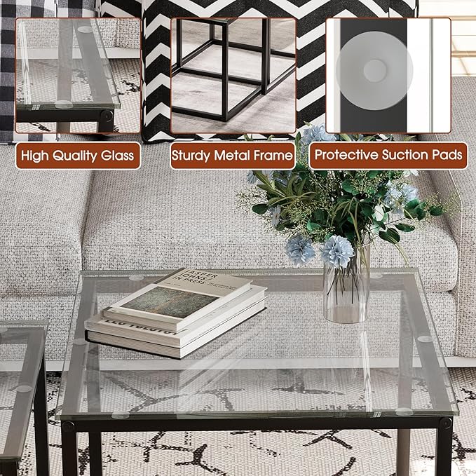 VILAWLENCE Coffee Table Set of 2, Modern Black Glass Side Table, Metal Frame Square End Table, Center Tables,Nesting Coffee Table for Living Room,Bedroom and Small Spaces