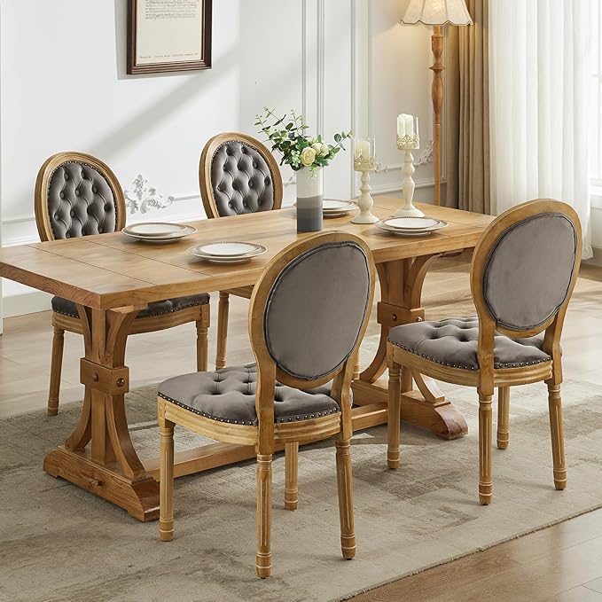 French Country Dining Chairs Set of 8, Grey Velvet Upholstered Dining Chairs, Tufted Back, Solid Wood Legs, Farmhouse Kitchen & Dining Room Chairs, Sillas De Comedor (Gray, 8Pcs)