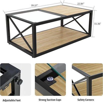 Rustic Coffee Table Set of 3, End Table Mordern Living Room Table Set with Tempered Glass Top Splicing Wood MDF, Black Metal Frame Industrial Style, Natural