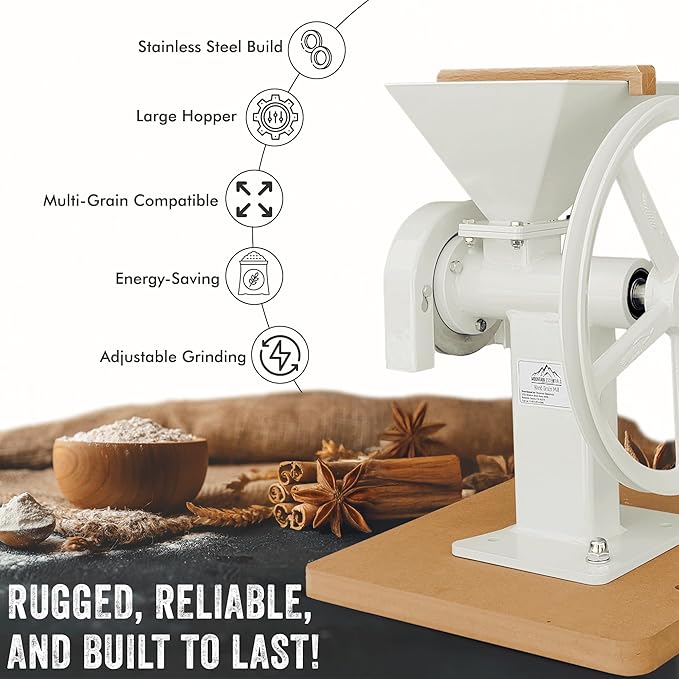 Manual Hand Grain Mill White | Heavy-Duty Hand Operated Food Grinder for Wheat, Corn, Oats, Coffee Beans, Rice & Dry Grains | Hand Crank Kitchen Flour Mill for Home, Camping, Survival & Everyday Use