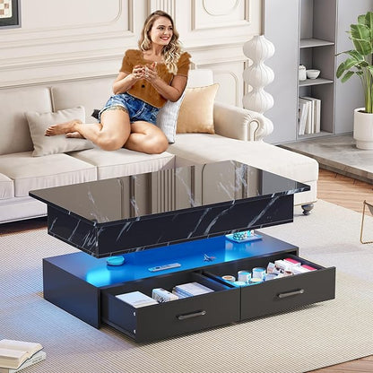 SEDETA 40" Lift Top Coffee Table, Coffee Tables with Storage for Living Room, Small Coffee Table with 2 Drawers & LED Light for Dining Reception Room, Black Marble