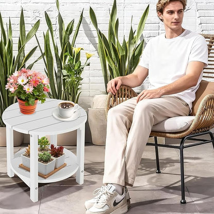 LZRS Round Adirondack Side Table Double End Table, Outdoor Side Tables for Patio, Backyard,Pool, Indoor Companion, Easy Maintenance & Weather Resistant(White)