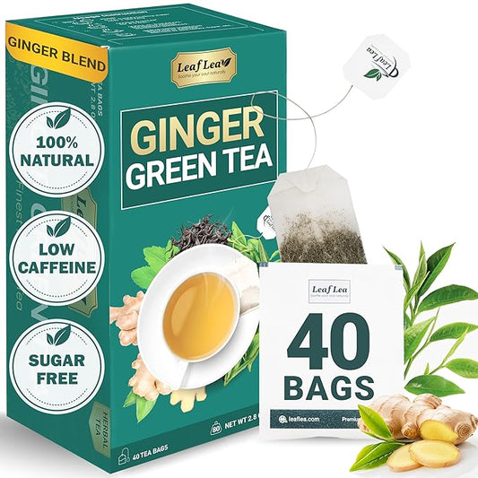 LeafLea Ginger Green Tea, 40 Individually Wrapped Tea Bags of Soothing Green Tea Blend with Natural Ginger Root, Sweetened with Stevia, Supports Digestion and Immunity, Low Caffeine, Sugar-Free