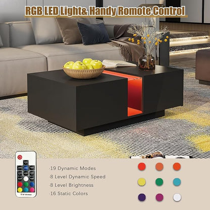 Black Led Coffee Table for Living Room, Rectangular Living Room Table with Storage, Acrylic Coffee Tables with 2 Sliding Drawers, Wood Center Table for Reception Dinning Room