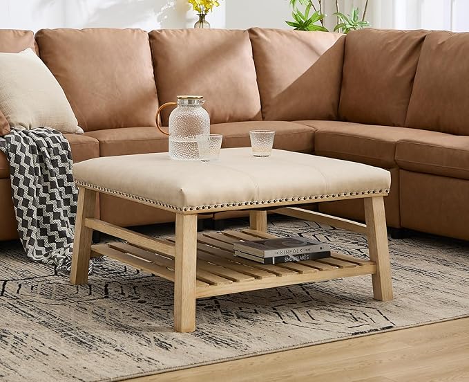 Kmax 32-Inch Beige Faux Leather Coffee Table Large Square Ottoman Foot Rest Stool Upholstered Coffee Table with Wooden Shelf Storage for Living Room Office