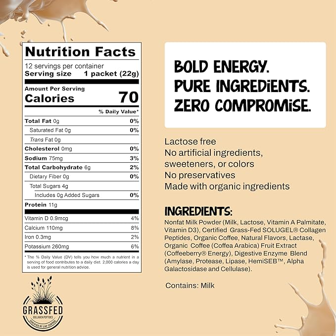 Projo* Power Coffee – Instant Coffee with 11g Protein – Grass-Fed Hydrolyzed Bovine Collagen & 175mg Caffeine – Vanilla Latte Flavor – Organic – Energy Support – 12 Single-Serve Packets