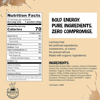 Projo* Power Coffee – Instant Coffee with 11g Protein – Grass-Fed Hydrolyzed Bovine Collagen & 175mg Caffeine – Vanilla Latte Flavor – Organic – Energy Support – 12 Single-Serve Packets