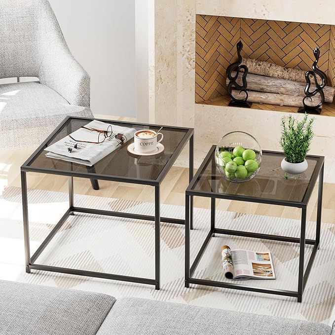 VILAWLENCE Coffee Table Set of 2, Modern Grey Glass Side Table, Metal Frame Square End Table, Center Tables, Nesting Coffee Table for Living Room, Bedroom and Small Spaces, 23.6in
