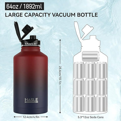 HASLE OUTFITTERS Half Gallon Insulated Water Bottles 64 oz, Stainless Steel Metal Water Jug with 2 Lids Keep Cold 48h/Hot 24h, Leak Proof & BPA-Free Water Flask Jug(Ruby Purple Gradient,1)