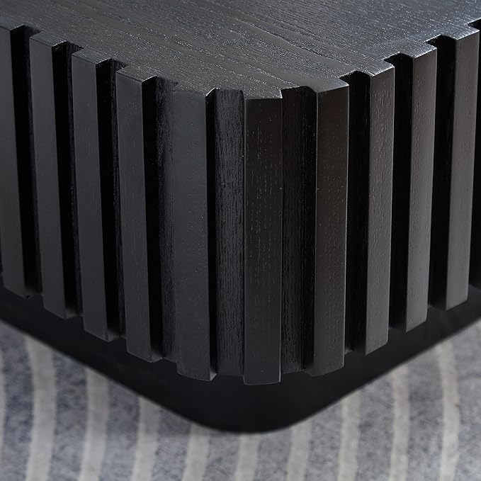 Square Wood Coffee Table for Living Room Modern Drum Wooden Fluted Handcraft Center Tea Cocktail Small Space, Easy Assembly 31.5" W x13.77 H Black