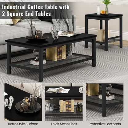 AWQM Coffee Table Set of 3, Industrial Coffee Table with 2 Square End Side Tables, Modern Living Room Table Set with Metal Frame for Apartment Home Office, Black