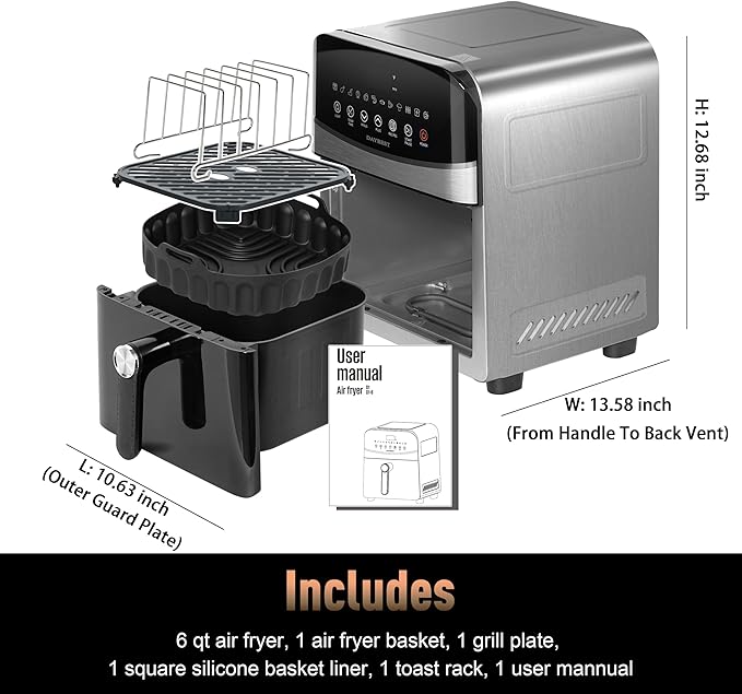 Next-Gen Non Toxic Air Fryer Stainless Steel 12-in-1 Classic Basket Premium Ceramic Coating, Metal Inner 450°F Dual Heats Even Cook, 6 QT Midsize 120V, DAYBEST Easy Clean Parts (Stainless Steel)