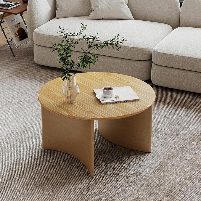 31.5″ Round Coffee Table, Natural Wooden Circle Coffee Table with Curved Base, Solid Wood, Ideal for Living Room, Apartment, Compact Place