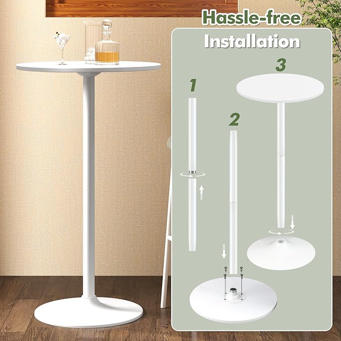 COSTWAY Round Bistro Table, Height Adjustable Bar Height Cocktail Table, High Top Pub Table Snack Table with Heavy-Duty Metal Base for Home Bar, Dining Room, Restaurant, White