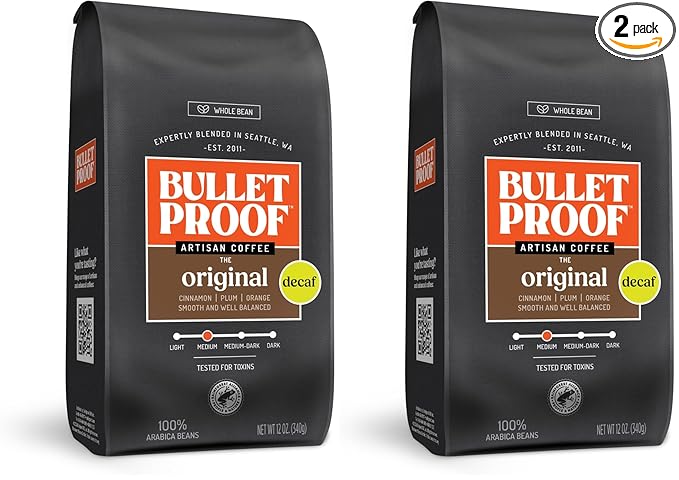 Bulletproof Original Medium Roast Whole Bean Decaf Coffee, 12 Ounces, Coffee Tested for Toxins, Packaging May Vary (Pack of 2)