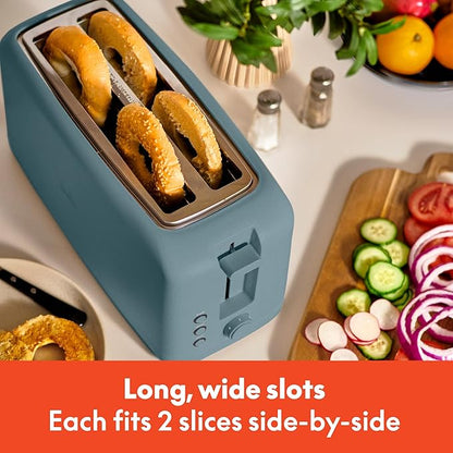bella 4 Slice Slim Toaster, Fits-anywhere Kitchenware, 6 Setting Shade Control with Reheat & Cancel Buttons, Fits Sourdough, 10” Long Slot, Anti Jam & Auto Shutoff, 900 Watt, Surf