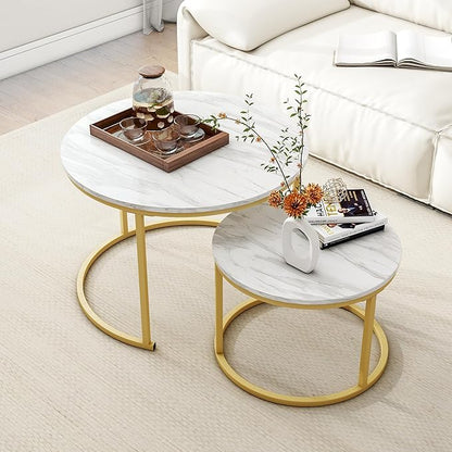 Round Coffee Table Set of 2 End Tables for Living Room,Circular and Marble Nesting Coffee Table Wooden Accent Furniture with Golden Metal Frame,Stacking Side Tables,White