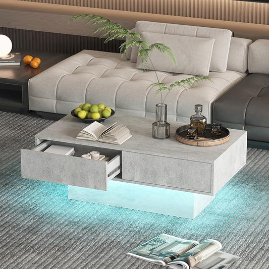 Grey Coffee Table with Storage, Rectangular Center Table for Living Room, Modern High Glossy Farmhouse Grey Coffee Table with 16 Colors LED Lights, Wooden Living Room Table, Pullout Storage