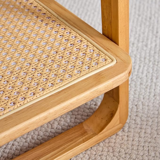 Mid Century Modern Coffee Table with Ribbed Glass Top and PE Rattan Storage Shelf, 45 Inch Rectangular Solid Wood Boho Coffe Table, Unique Center Table for Livinig Room Apartment Small Space