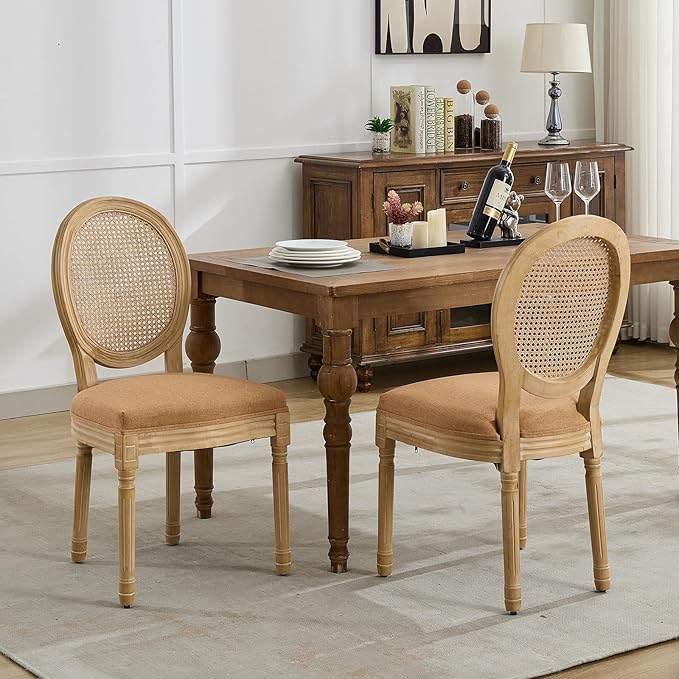 Vintage French Country Dining Chairs Set of 6, Rattan Dining Chairs with Solid Wood Legs, Ten Upholstered Dining Chair, Sillas para Comedor, Kitchen & Dining Room Chair (Amber, Rattan, 6Pcs)