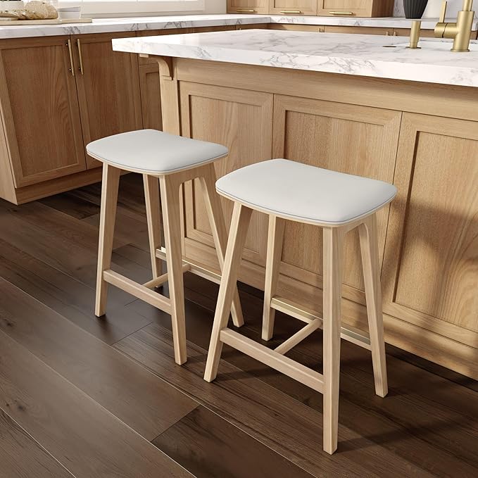 Plank+Beam Beryl Counter Height Stool - Mid-Century Modern Rubberwood Bar Stool with Faux Leather Seat, Metal Footrest, Easy Assembly, 2-Pack, Blonde/Sesame