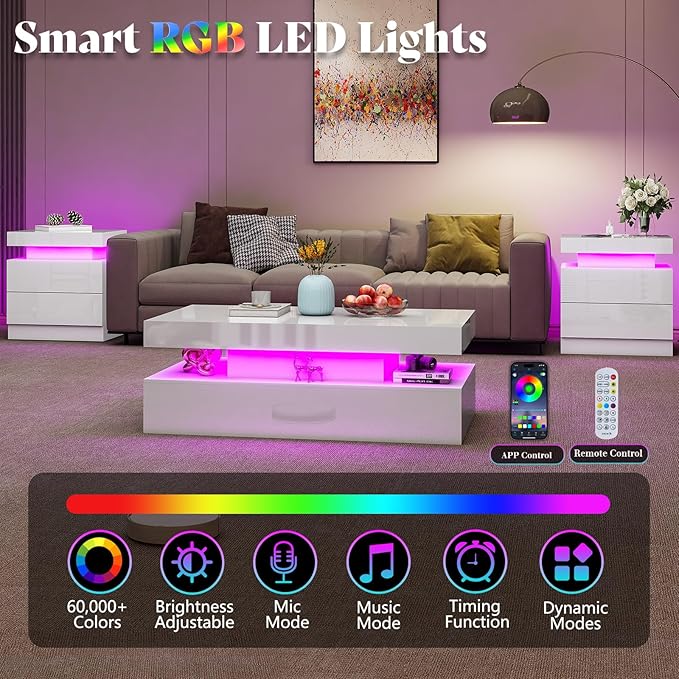 AMERLIFE High Gloss LED Coffee Table, Modern 2-Tier Center Table with LED Lights, Open Storage Space, 40in Simple Rectangular Sofa Side Table for Living Room, White