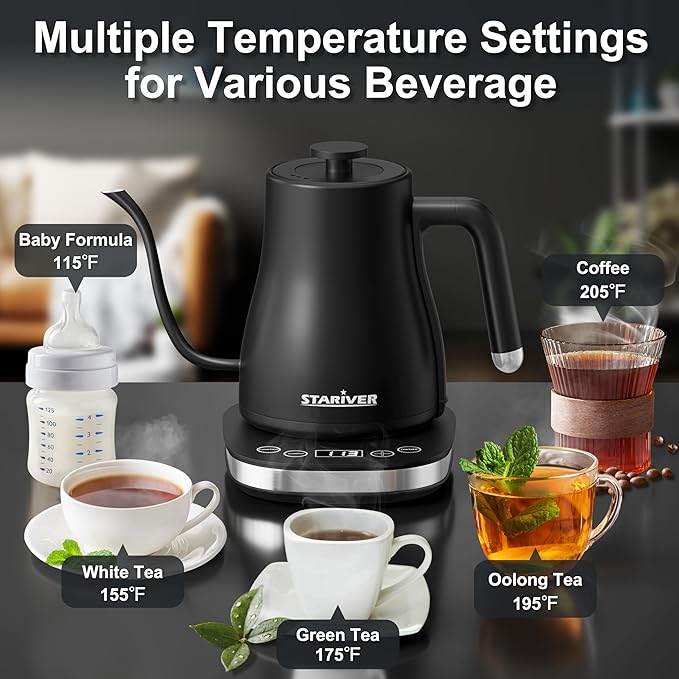 Stariver Gooseneck Electric Kettle with 5 Temperature Control Presets, Pour Over Coffee Kettle ±2℉ Temp Control, 1.2L Gooseneck Kettle, for Tea& Coffee, Stainless Steel Interior, 1000W, Black