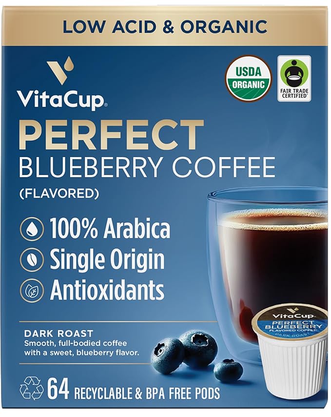VitaCup Perfect Blueberry Flavored Low Acid Coffee Pods, Organic, Fair Trade, Dark Roast Single Origin from Guatemala, Clean & Pure, Recyclable Single Serve Pods, 64 Ct