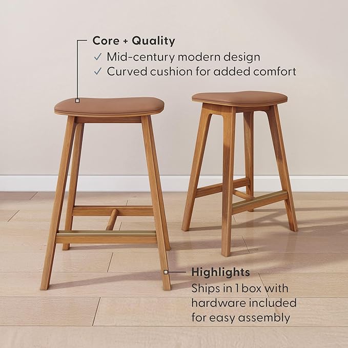 Plank+Beam Beryl Counter Height Stool - Mid-Century Modern Rubberwood Bar Stool with Faux Leather Seat, Metal Footrest, Easy Assembly, 2-Pack, Pecan/Toffee