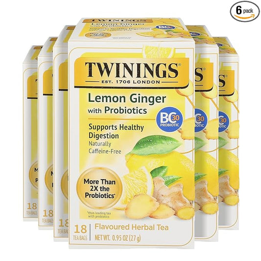 Twinings Superblends Probiotics+ Lemon & Ginger Flavoured Herbal Tea with Turmeric, Naturally Caffeine-Free, 18 Tea Bags (Pack of 6), Enjoy Hot or Iced, 108 Teabags